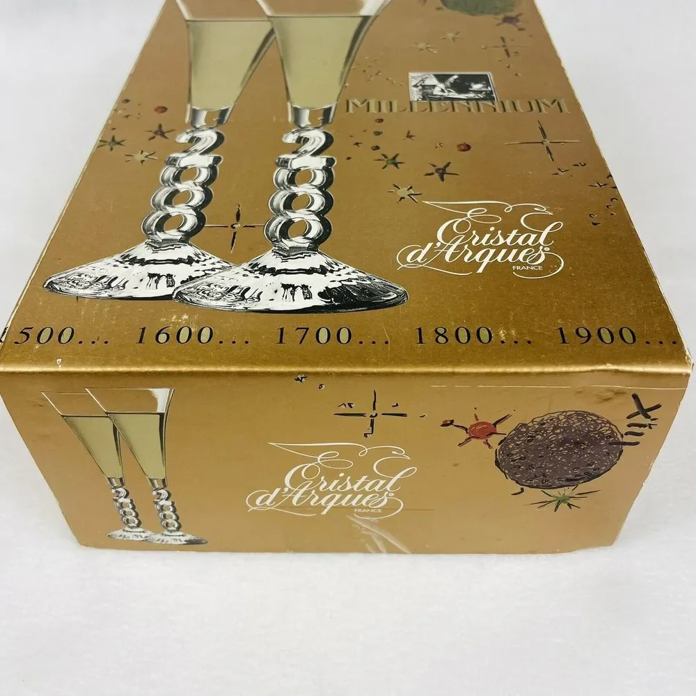 Cristal‎ D'Arques Millennium Champagne Glasses Year 2000 France Set of 2 In Box